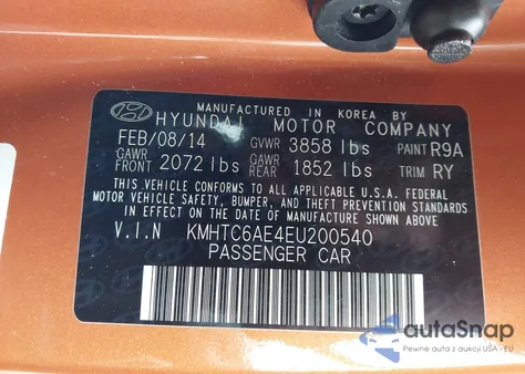 2014 Hyundai Veloster Turbo W/Black z USA, uszkodzony, nr VIN KMHTC6AE4EU200540